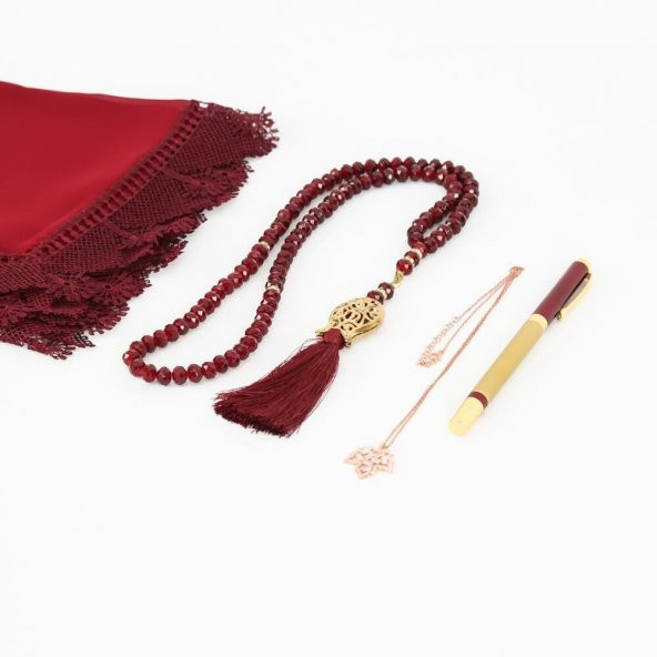 Anneler Günü Hediyesi Bordo Şal, Kristal Tesbih, Kalem, Kolye, Ahşap Kutulu Set - 3