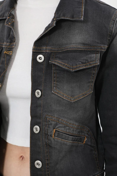Kadın Cep Detaylı Slim Fit Koyu Gri Jean Ceket - 7