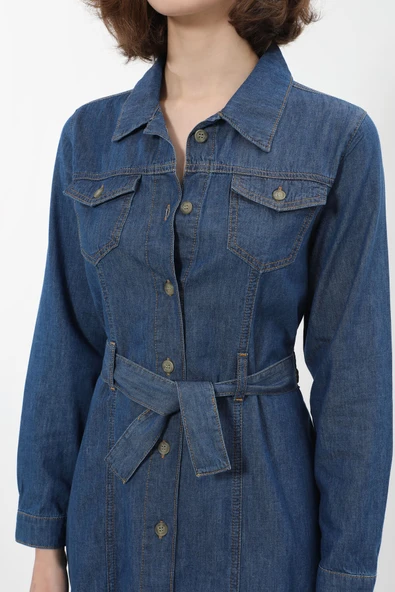 Kadın Önden Düğmeli Kemerli Jean Elbise - 7