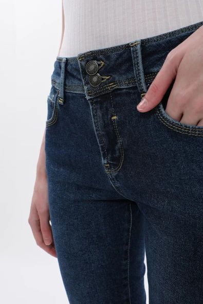 Kadın Çift Düğmeli Dar Jean Pantolon - Resim 9