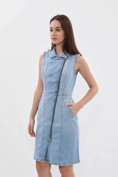 Kadın Açık Mavi Fermuarlı Jean Elbise - 4