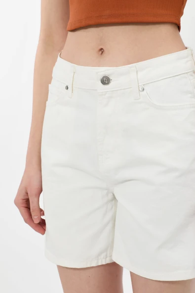 Kadın Yüksek Bel Ekru Jean Şort - 7