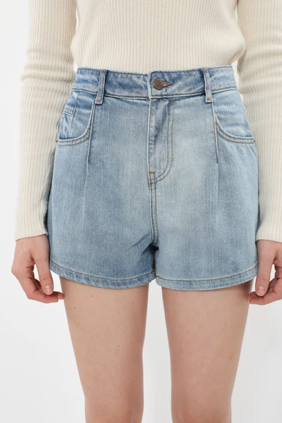 Kadın %100 Pamuk Açık Mavi Mini Jean Şort - 6