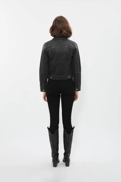 Kadın Cep Detaylı Slim Fit Koyu Gri Jean Ceket - 5