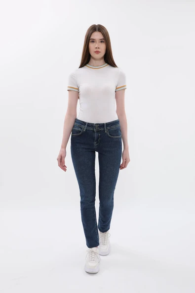 Kadın Çift Düğmeli Dar Jean Pantolon - Resim 3