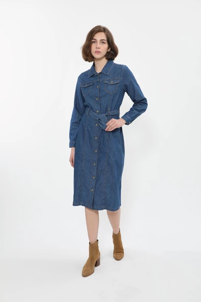 Kadın Önden Düğmeli Kemerli Jean Elbise - 2