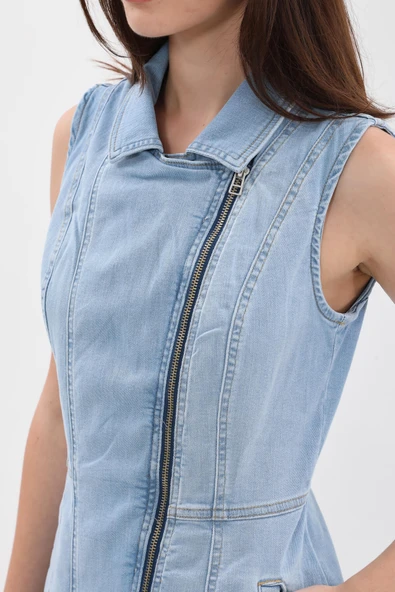 Kadın Açık Mavi Fermuarlı Jean Elbise - 6
