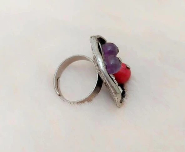Ayarlanabilir Yüzük Kırmızı Lal Taşı Lila Taş Tasarım Gri Renk Kadın Yüzük - 2
