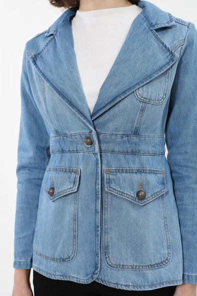 Kadın Uzun Kollu Tek Düğmeli Jean Ceket Açık Mavi - 7