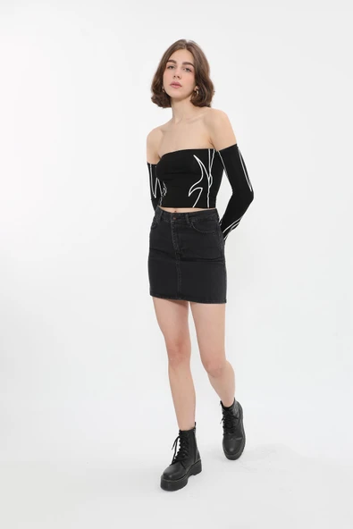 Kadın Likralı Antrasit Mini Jean Etek - 5