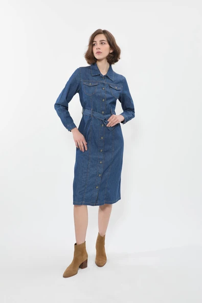 Kadın Önden Düğmeli Kemerli Jean Elbise - 3