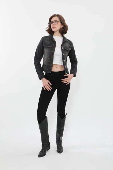 Kadın Cep Detaylı Slim Fit Koyu Gri Jean Ceket - 2
