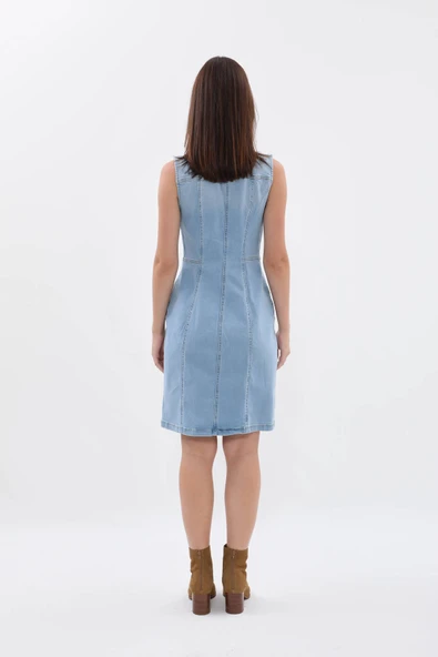 Kadın Açık Mavi Fermuarlı Jean Elbise - 5
