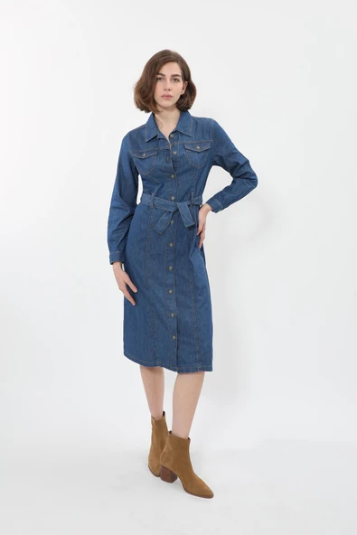 Kadın Önden Düğmeli Kemerli Jean Elbise - 4
