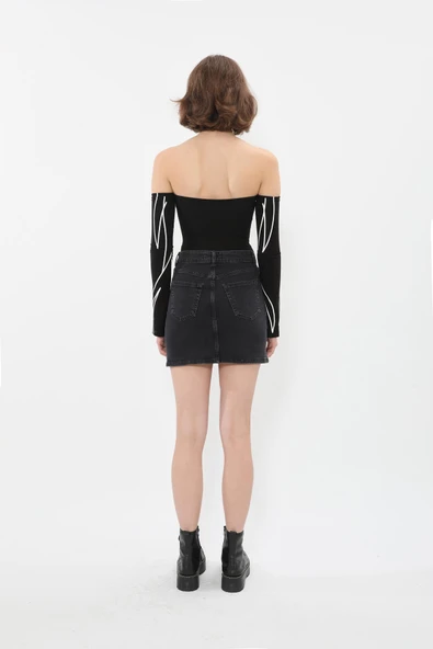 Kadın Likralı Antrasit Mini Jean Etek - 7