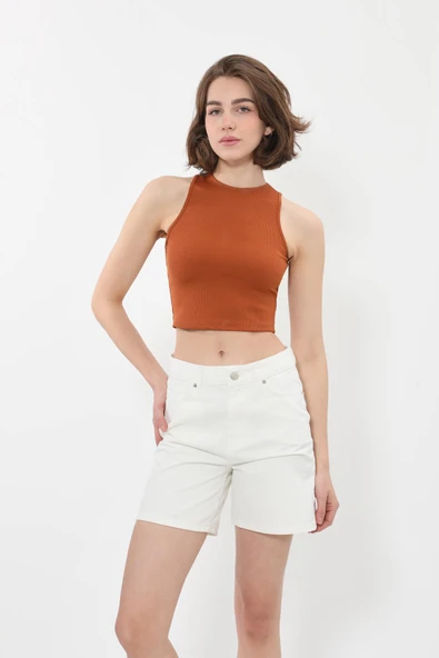 Kadın Yüksek Bel Ekru Jean Şort - 3
