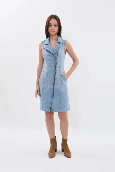 Kadın Açık Mavi Fermuarlı Jean Elbise - 8