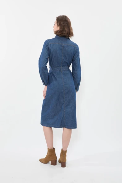 Kadın Önden Düğmeli Kemerli Jean Elbise - 6