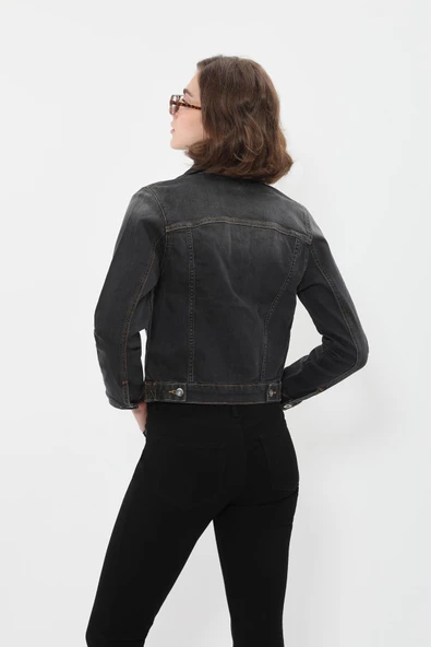 Kadın Cep Detaylı Slim Fit Koyu Gri Jean Ceket - 6