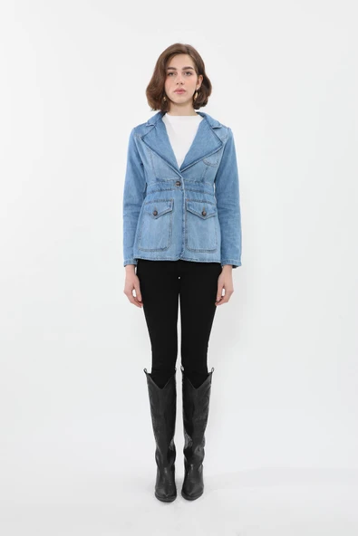 Kadın Uzun Kollu Tek Düğmeli Jean Ceket Açık Mavi - 4