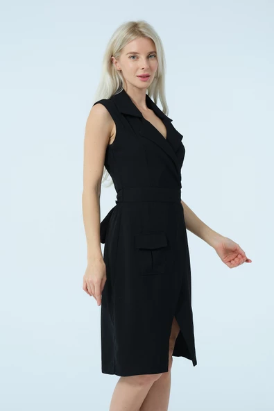 Kruvaze Yaka Bağlamalı Asimetrik Elbise - Resim 8