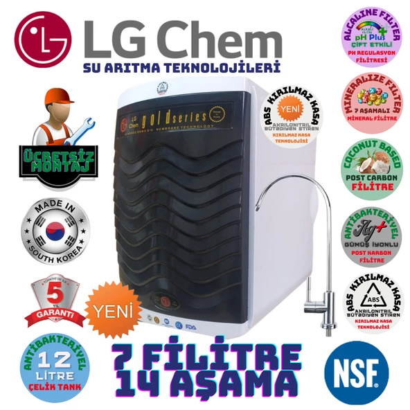 LG Chem GOLD BEYAZ SİYAH MONTAJ DAHİL 12 LİTRE 7 FİLTRE 14 AŞAMA SU ARITMA CİHAZI