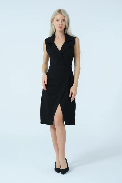 Kruvaze Yaka Bağlamalı Asimetrik Elbise - Resim 10