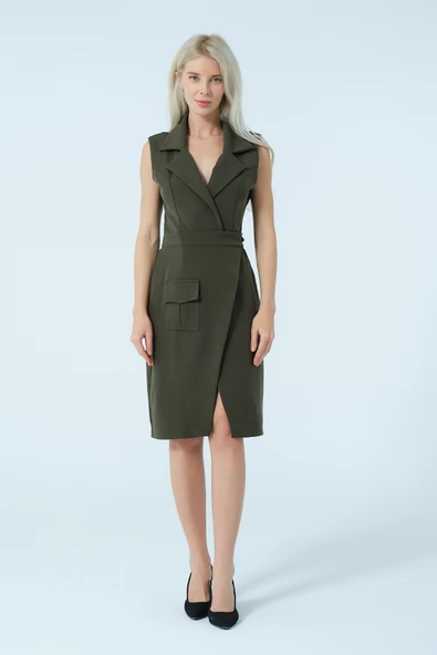 Kruvaze Yaka Bağlamalı Asimetrik Elbise - Resim 7