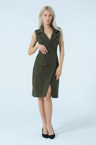 Kruvaze Yaka Bağlamalı Asimetrik Elbise - Resim 5