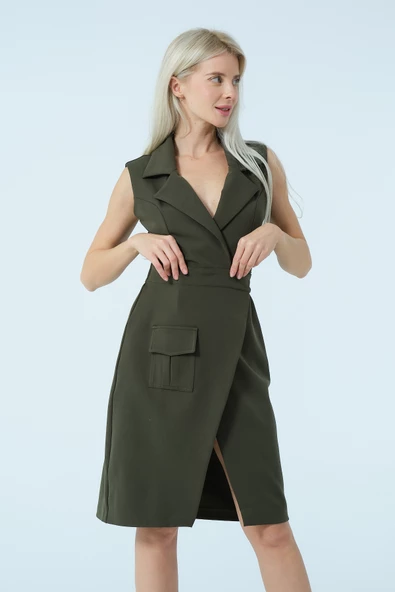 Kruvaze Yaka Bağlamalı Asimetrik Elbise - Resim 2