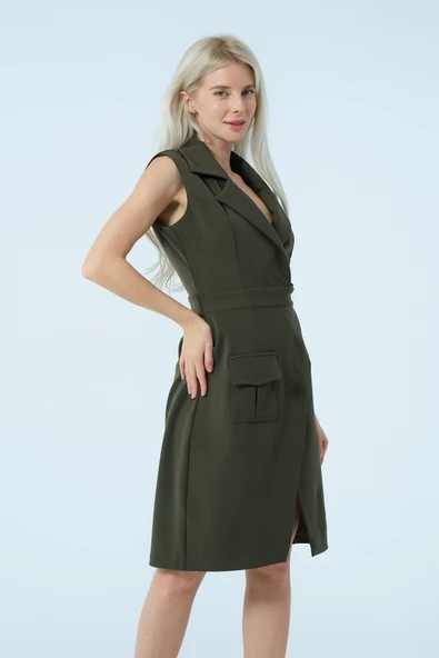 Kruvaze Yaka Bağlamalı Asimetrik Elbise - Resim 3