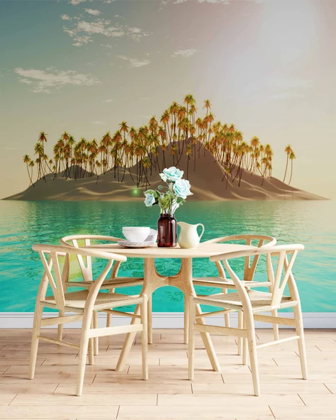 Palmiye ve Ada Manzaralı Duvar Kağıdı - Resim 5