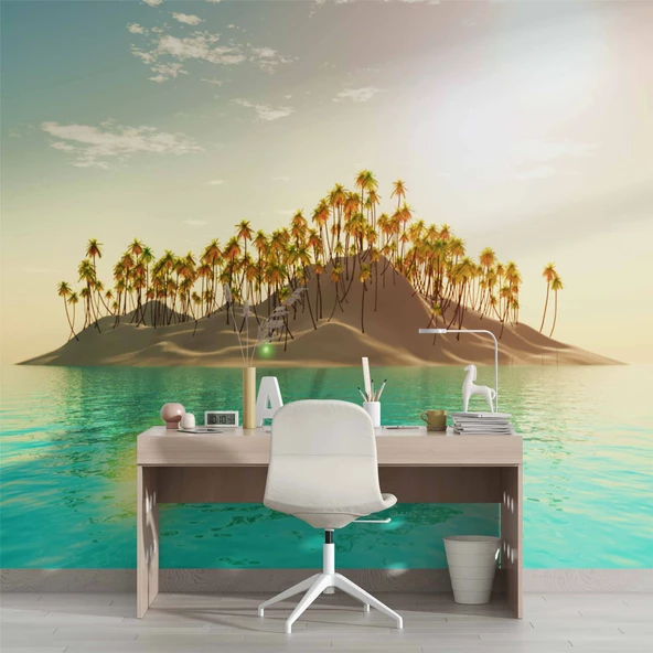 Palmiye ve Ada Manzaralı Duvar Kağıdı - Resim 4
