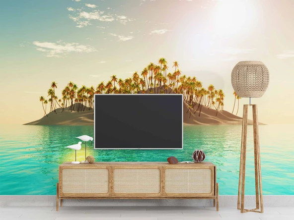 Palmiye ve Ada Manzaralı Duvar Kağıdı - Resim 3