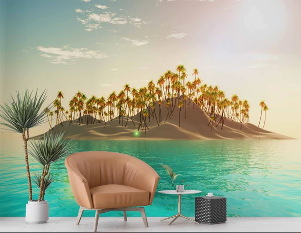 Palmiye ve Ada Manzaralı Duvar Kağıdı - Resim 6