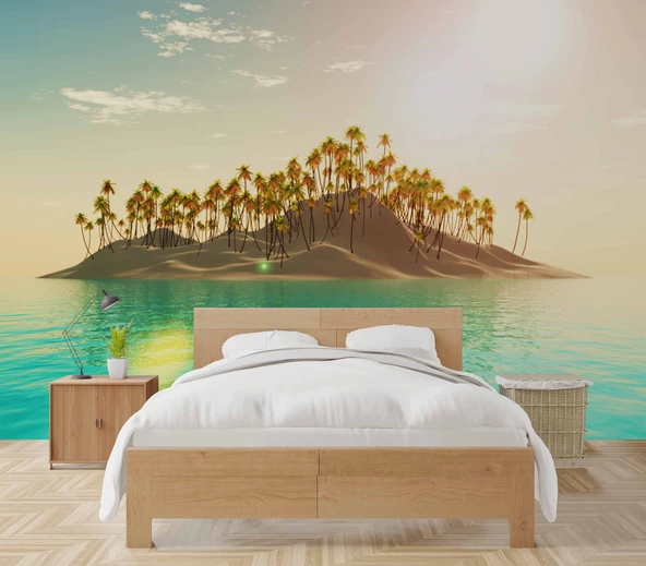 Palmiye ve Ada Manzaralı Duvar Kağıdı - Resim 2