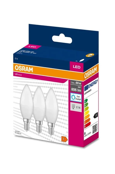 Osram Ledvalue 7,5W (60W) 3 lü Led Mum Ampul Beyaz - 6500K E14