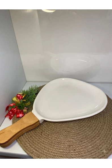 elif aksesuar Sunum Tabağı Seramik Elips Ahşap Kulplu Ecr- - 2