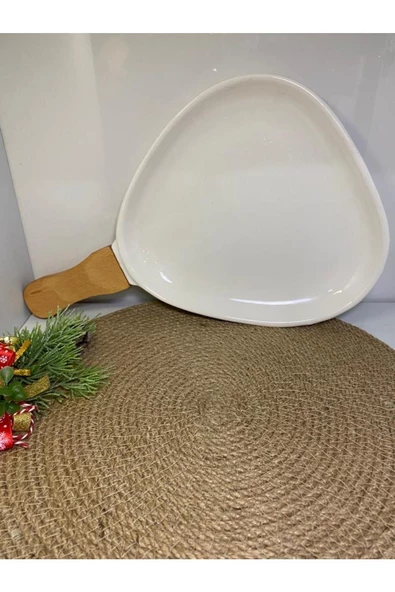 elif aksesuar Sunum Tabağı Seramik Elips Ahşap Kulplu Ecr-