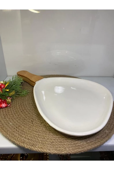 elif aksesuar Sunum Tabağı Seramik Elips Ahşap Kulplu Ecr- - 3