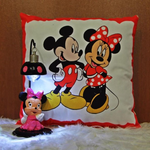 Minnie Mouse Işıklı Biblo Puf Yastık 2Li Hediye Seti