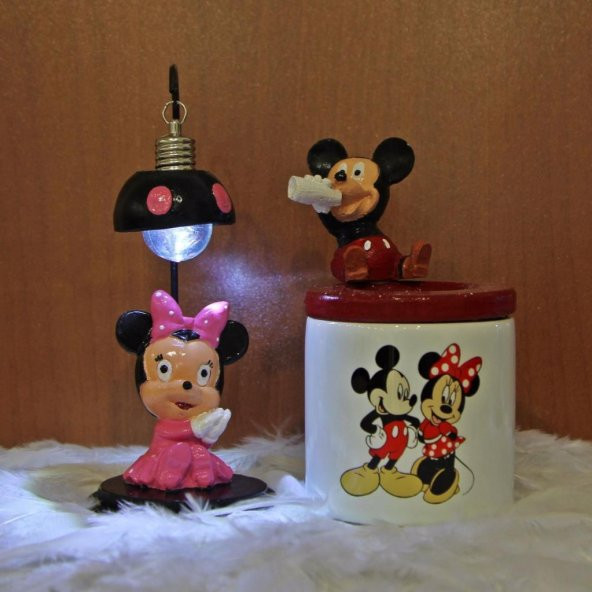 Minnie Mouse Işıklı Biblo Mickey Mouse Kalemlik 2Li Hediye Seti
