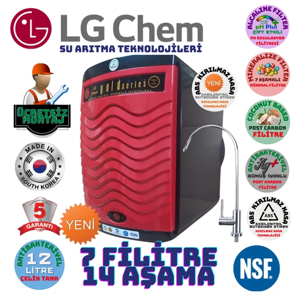 LG Chem GOLD SİYAH KIRMIZI MONTAJ DAHİL 12 LİTRE 7 FİLTRE 14 AŞAMA SU ARITMA CİHAZI