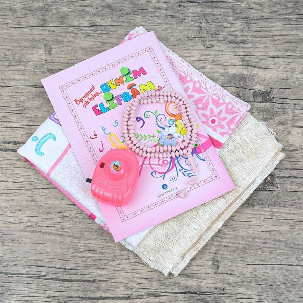 Çocuk Seccadesi ve Eğitici Kitabı Namaz Seti  - Pembe 45x82 cm - 110 gr - Tesbih - Oyuncak Fotograf Makinesi - 3