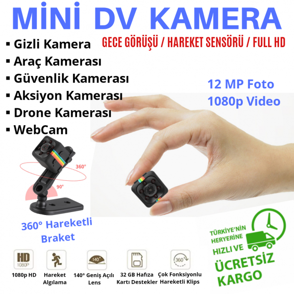 Hareket Sensörlü, Gece Görüş Özellikli Mini Kamera