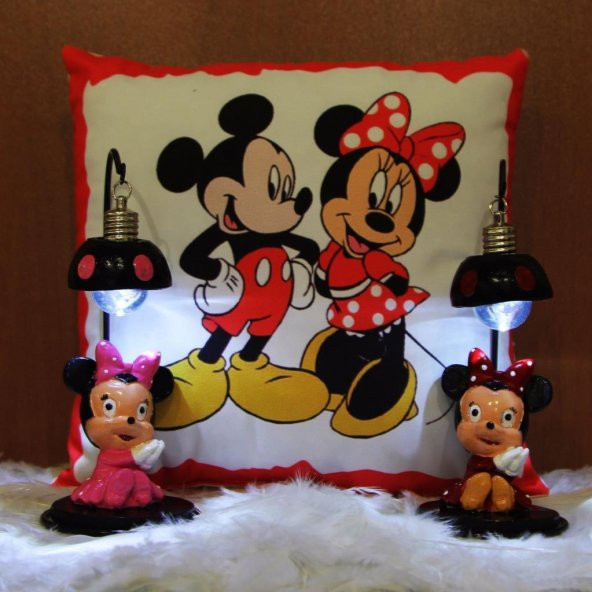 Minnie Mouse 2Li Işıklı Biblo Puf Yastık Hediye Seti
