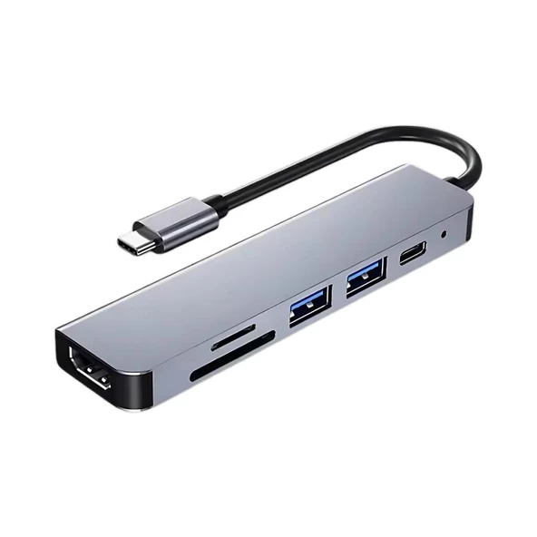 Polham 87W  6in1 Type C to 2x USB, 1x 4K HDMİ, 1x PD Type C, 1x SD/TF Okuyucu Çoğaltıcı Hup Adaptör