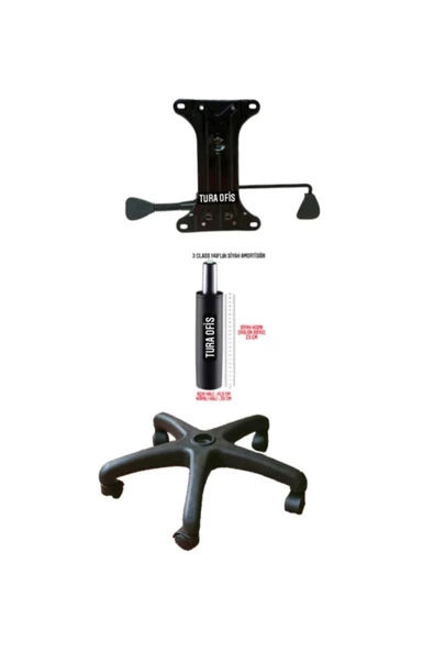 Tura Ofis Çift Kollu Mekanizma Plastik Ayak 140'lık Siyah Amortisör 5 Adet Tekerlek