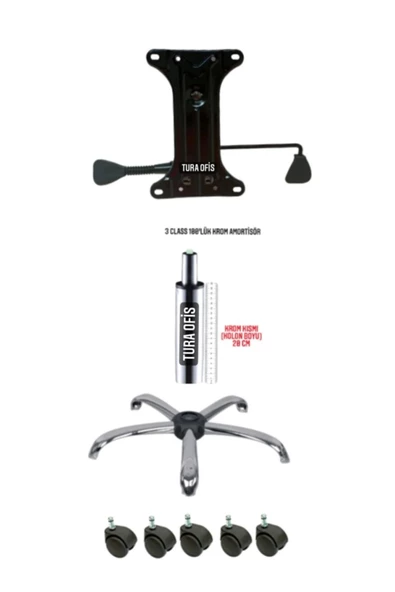 Tura Ofis Çift Kollu Mekanizma Krom Ayak 100'lük Amortisör 5 Adet Tekerlek