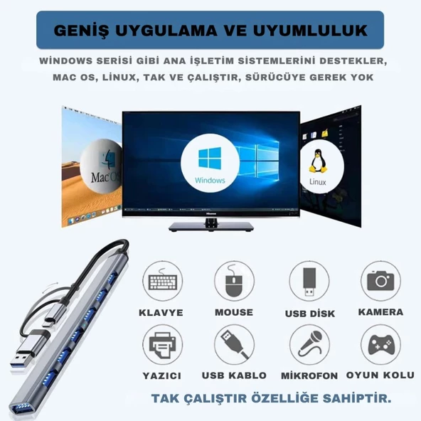 Polham 7in1 Type C/USB to 7x USB 3.0 Çoğaltıcı Okuyucu Hup Adaptör, Klavye, Mouse, Yazıcı, USB Okuyucu - 5